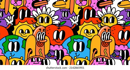 Funny trendy retro cartoon character crowd seamless pattern set  Vintage happy characters background in comic rubber hose art style 