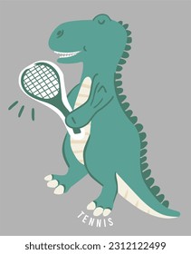 Funny T-Rex Dinosaur Playing Tennis Cartoon Free Download Vector