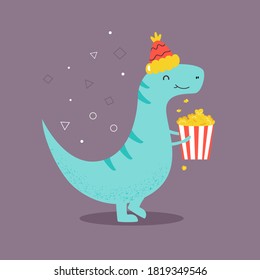 Funny T-rex eating pop corn. Vector illustration for prints, marketing purposes, banners, t shirts