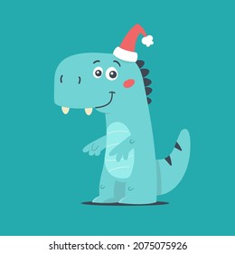 Funny t-rex wearing a santa hat Christmas concept vector cartoon illustration