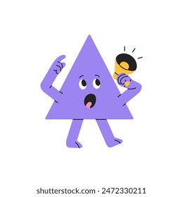 Funny triangle announces with speaker, loudspeaker. Geometric character with megaphone in hand screams. Figure, shape speaks with bullhorn. Flat isolated vector illustration on white background