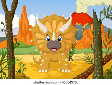 funny Triceratops cartoon with forest landscape background