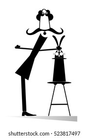 Funny trick. Man takes out a rabbit from the top hat by the ears
