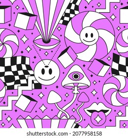 Funny trippy 60s style psychedelic geometry seamless pattern.Vector crazy cartoon character illustration.Smile groovy faces ,techno,acid,trippy,cells seamless pattern wallpaper print concept
