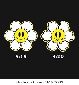 Funny trippy melt smile flower face.4:20 marijuana emoji,weed,cannabis print poster,t-shirt,sticker art.Vector drawn cartoon character illustration 420 t-shirt,tee,poster graphic trippy cartoon art