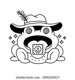 Funny trippy psychedelic frog mit sauer ld Markierung auf Zungenumriss Seite zum Färben Buch. Vektorhandgezeichnete Zeichenkartoon-Zeichengrafik. Trippy-Psychedelic-Frosch-Seite für Farbbuch