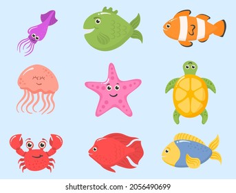 Funny tropic underwater creatures, colorful exotic aquarium fish set. Ocean animals and aquatic plants. Cartoon sea animal isolated on background in cartoon style. Vector illustration, eps 10.