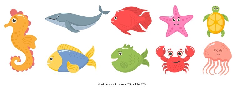 Funny tropic underwater creatures, colorful exotic aquarium fish set. Ocean animals and aquatic plants. Cartoon sea animal isolated on background in cartoon style. Vector illustration, eps 10.