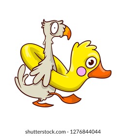 Funny tropical bird with inflatable rubber in shape of yellow duck. Cartoon character. Beach vacation. Vector design