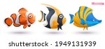 Funny tropical fish. Clownfish, angelfish, butterflyfish 3d vector cartoon icon set
