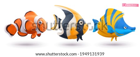 Funny tropical fish. Clownfish, angelfish, butterflyfish 3d vector cartoon icon set