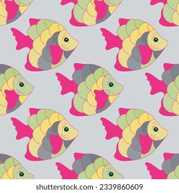 Graciosa ilustración de ornamentos sin fin de peces tropicales. Criaturas marinas buceando. Impresión de ropa de modas para bebés. Diseño gráfico de peces tropicales marinos. Escuadrón multicolor, cola