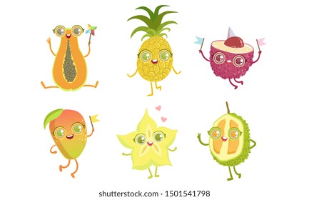Funny Tropical Fruit Characters Set. Papaya, Pineapple, Lychee, Mango, Carambola, Durian. Vector Illustration.