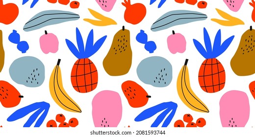 Funny tropical fruit drawing seamless pattern cartoon in colorful childish doodle style.
