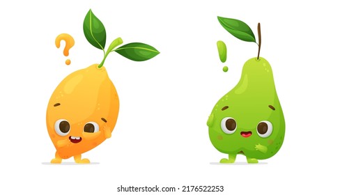 Funny tropical fruits, character, lemon and pear with faces, eyes, exclamatory and question isolated on white background. Gradient. Vector illustration for postcard, banner, web, adv, design, arts.