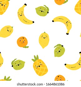 Funny tropical fruits seamless pattern. Appetizing citrus fruits with different kawaii emotions in a cute flat cartoon style. Vector isolate on a white background.