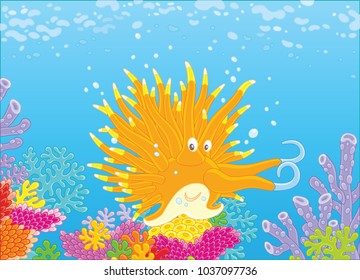 Funny tropical mollusc among colorful corals on a reef, a vector illustration in a cartoon style