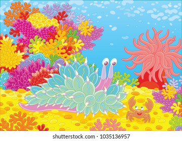 Funny tropical mollusc and a friendly smiling crab on a colorful coral reef, a vector illustration in a cartoon style