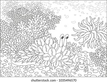 Funny tropical mollusc and a friendly smiling crab on a coral reef, black and white vector illustrations in a cartoon style for a coloring book