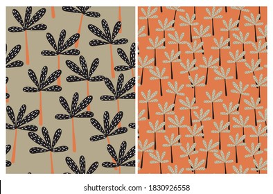 Funny Tropical Seamless Vector Pattern. Abstract Palm Trees Print. Black Hand Drawn Palms Isolated od a Gold Layout. Orange Jungle Repeatable Design. Cute Aloha Party Illustration ideal for Fabric.