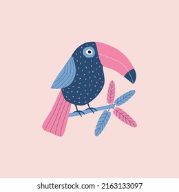 Funny tropical toucan and colorful leaves hand drawn vector illustration. Cute isolated exotic bird in flat style for kids logo or icon.