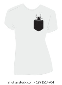 Funny t-shirt design, vector. Spider silhouette in a pocket, illustration. Black spider cartoon illustration. Spooky spider drawing. Clothing art design.