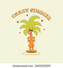 Gracioso estampado de camiseta, pegatina, tarjeta de "verano loco". Dibujos animados personaje groovy palmera. Ilustración vectorial en estilo retro 60-70.