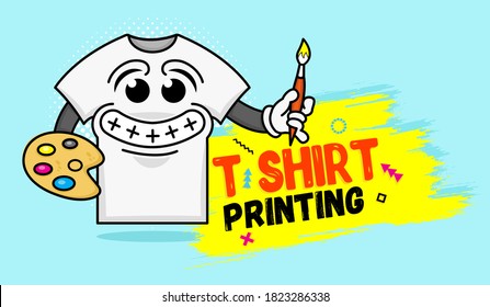 Funny t-shirt smiles and draws letters. Mascot logo for typography, print, corporate identity, workshop, branding, factory, serigraphy, isolated on blue background.