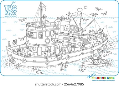 Funny tugboat coloring book. Wimmelbuch