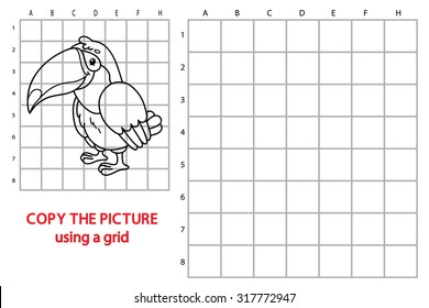 funny  tukan game. Vector illustration of grid copy puzzle with happy cartoon tukan  for children