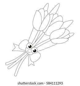 Funny tulip bouquet cartoon. Outlined object with black stroke.
