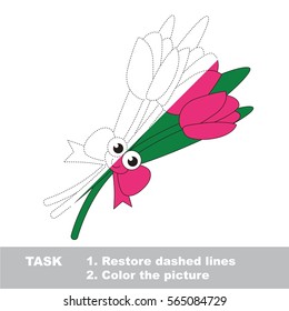 Funny Tulip Bouquet. Dot to dot educational game for kids. Half tracing worksheet to be colored.