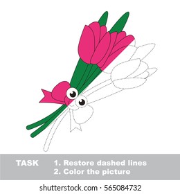 Funny Tulip Bouquet. Dot to dot educational game for kids. Half tracing worksheet to be colored.