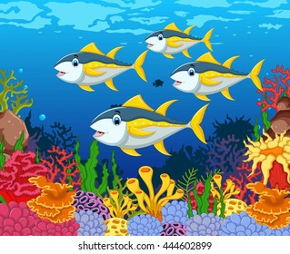 funny tuna fish cartoon with beauty sea life background