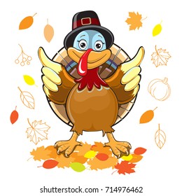 funny turkey and autumn leaves by Thanksgiving on a white background