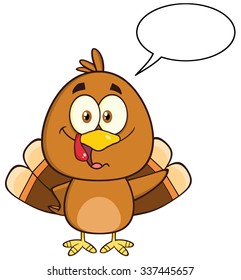Funny Turkey Bird Cartoon Character Waving With Speech Bubble. Vector Illustration Isolated On White