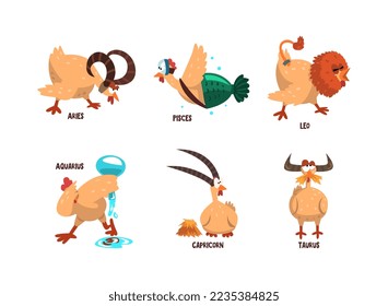 Funny Turkey Character and Zodiac Signs Like Aries, Pisces, Leo, Aquarius, Capricorn and Taurus Vector Set