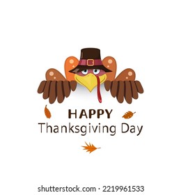 A funny turkey in a hat looks. Happy thanksgiving day.