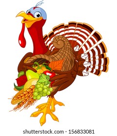 Funny turkey with horn of plenty 