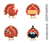 Funny turkey icons set cartoon vector. Cartoon character turkey bird. Happy thanksgiving
