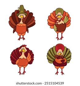 Funny turkeys set for thanksgiving isolated on a white background. The traditional image of a bird for thanksgiving. A set of cartoon turkeys for your design. Vector illustration.