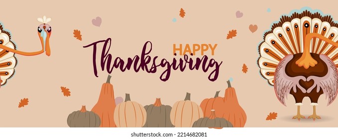 Funny turkeys for thanksgiving day. horizontal greeting banner