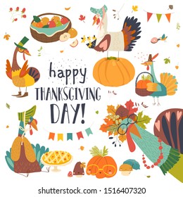 Funny turkeys with Thanksgiving theme on white background