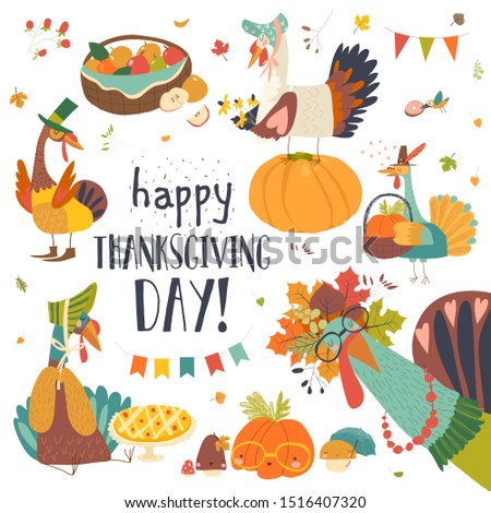 Funny turkeys with Thanksgiving theme on white background