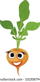 Funny turnip with haulm and face on white background