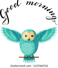 Funny turquoise owl sitting on a branch spreading wings with lettering above it. Isolated bird on white background, vector. Originally designed character, vector teal owl sitting on the branch.