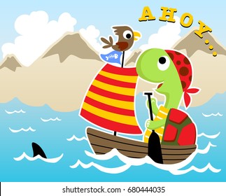 Funny turtle and bird on sailboat, shark fin in water, mountains background, vector cartoon illustration