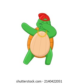 Funny turtle cartoon character with cap and gold chain sticker. Cute comic tortoise dabbing, hip-hop style flat vector illustration isolated on white background. Emotions, animals concept