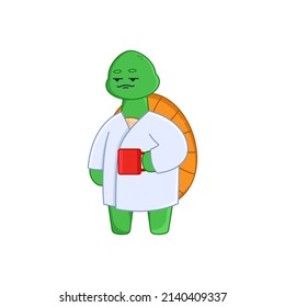 Funny turtle cartoon character holding coffee mug sticker. Cute comic tortoise in bathroom robe in morning flat vector illustration isolated on white background. Emotions, animals concept