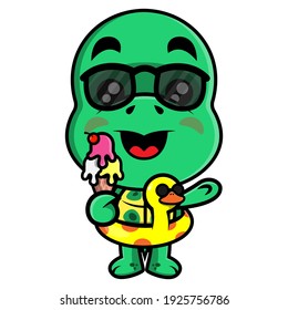 Caricatura divertida de Tortugas Personajes comiendo un helado, usando gafas de sol y boya de pato, mejor para pegatinas o mascotas con temas de vacaciones de verano para niños